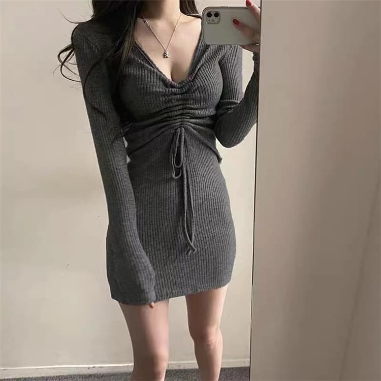 ギャルファッション セクシー深Vネックリブニットワンピース