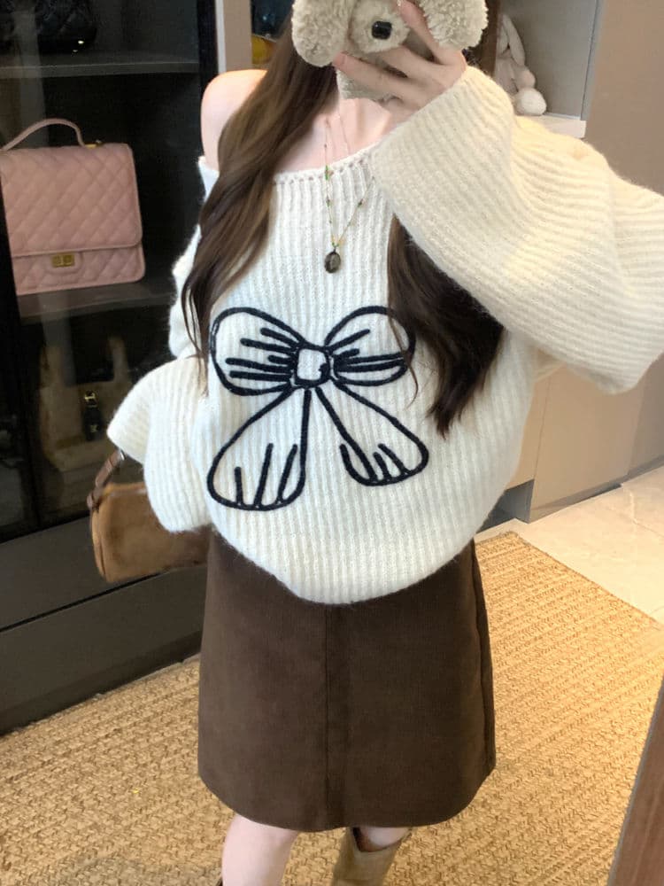 ギャルファッション 秋冬新作リボン刺繍ニットセーター可愛い スウェット