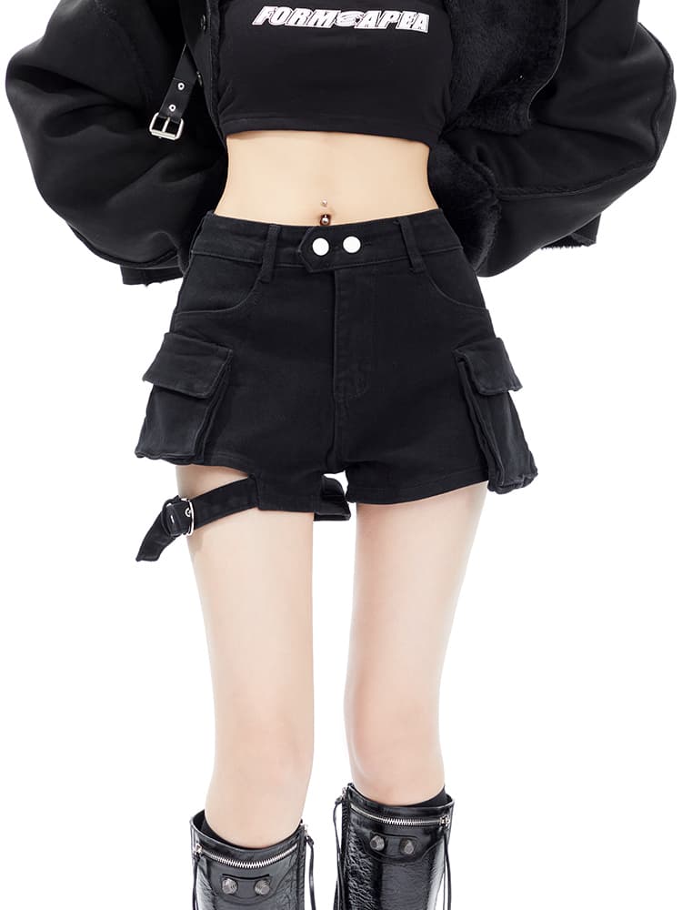 ギャルファッション ジーンズ ベルト付きポケットショートパンツ