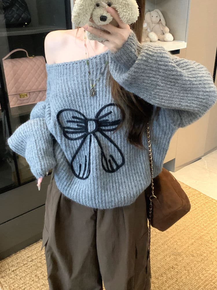 ギャルファッション 秋冬新作リボン刺繍ニットセーター可愛い スウェット