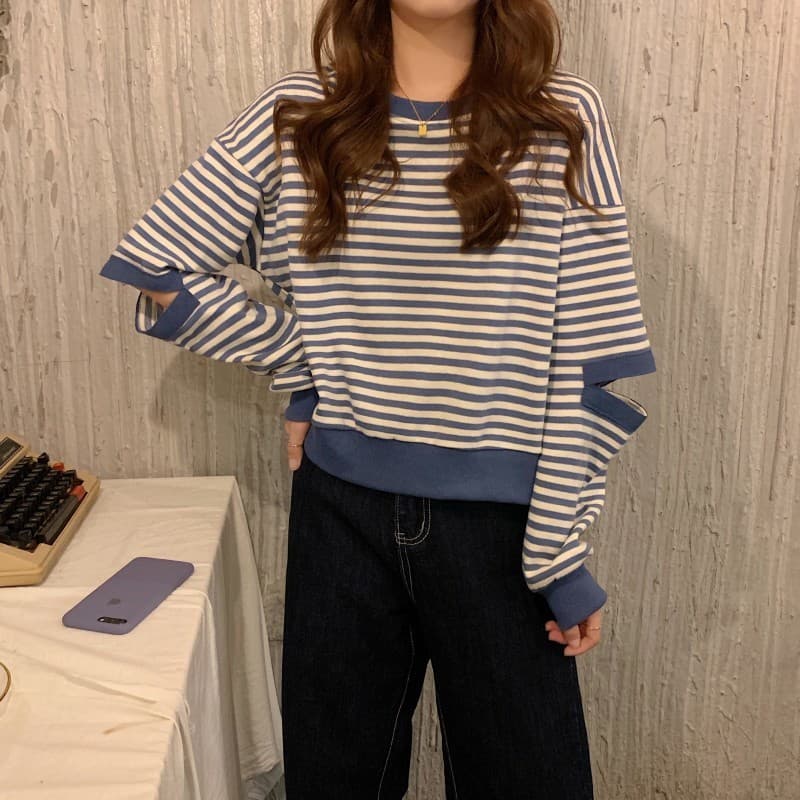 ギャルファッション スウェット ゆったりマリン風ボーダースウェット