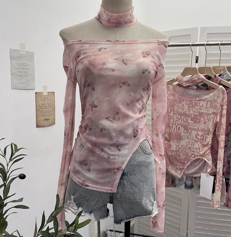 ギャルファッション 蝶々柄メッシュ長袖トップス8色展開