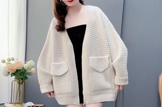 ギャルファッション カーディガン ゆったりワッフル編みポケット付きカーディガン