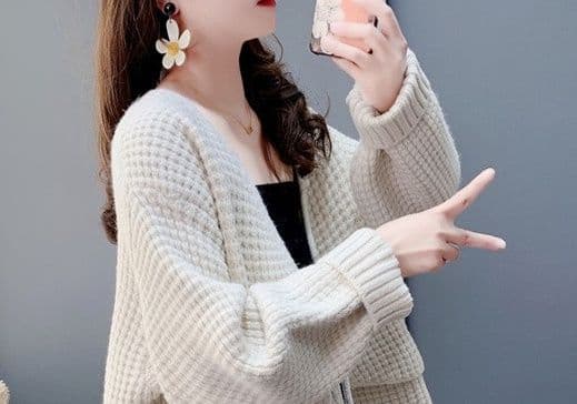 ギャルファッション カーディガン ゆったりワッフル編みポケット付きカーディガン