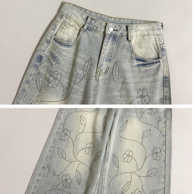 ギャルファッション ジーンズ 花柄刺繍ワイドデニム