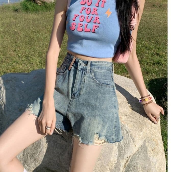 ギャルファッション ジーンズ 夏色リラックスフリンジショートパンツ