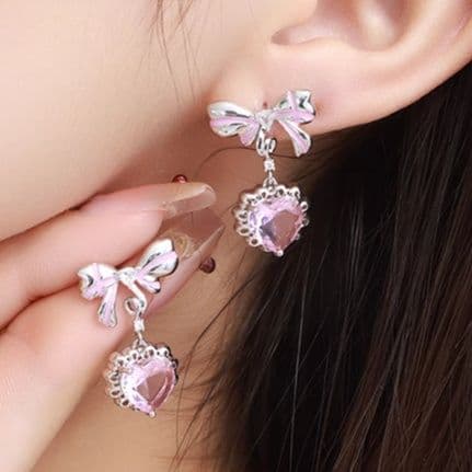 ギャルファッション リボンハートドロップピアス