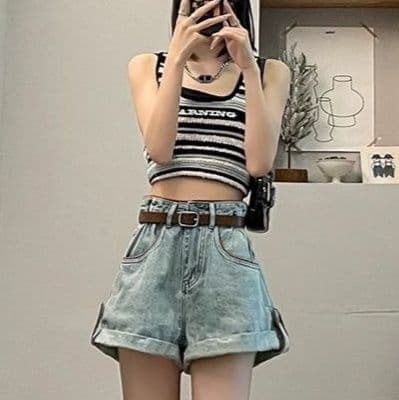 ギャルファッション ゆるふわロールアップデニムショートパンツ