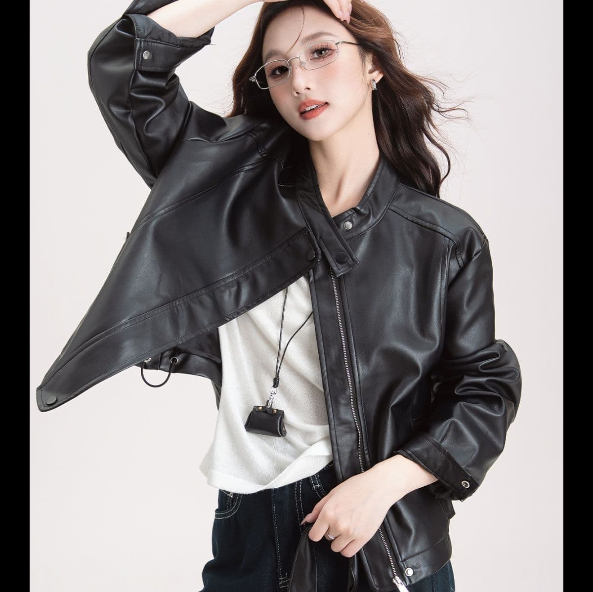 ギャルファッション 個性派ゆったり合成皮革ライダースジャケット