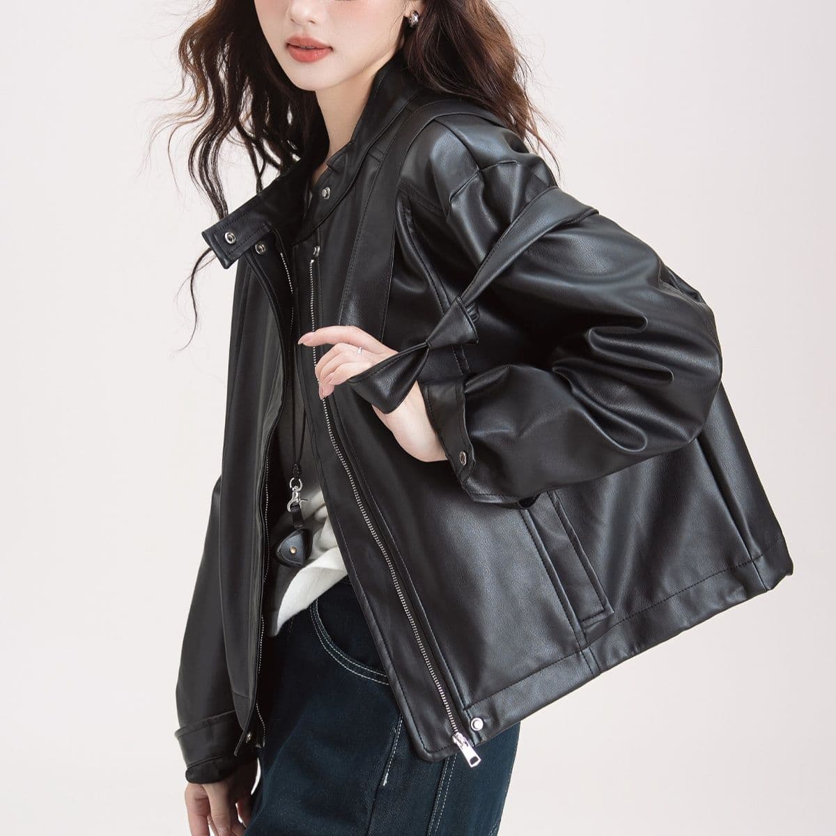 ギャルファッション 個性派ゆったり合成皮革ライダースジャケット