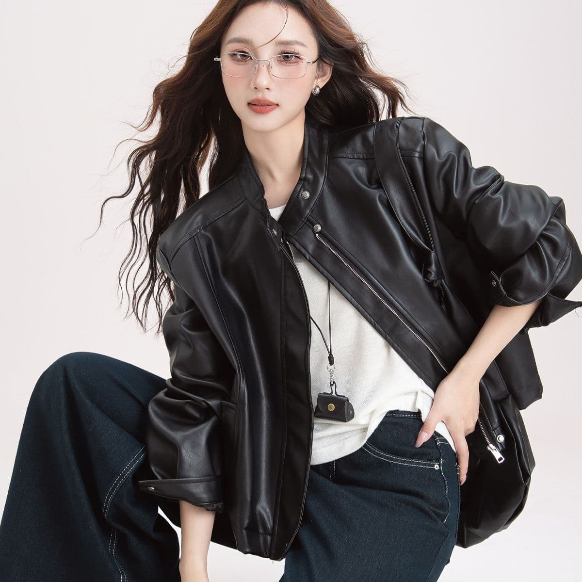 ギャルファッション 個性派ゆったり合成皮革ライダースジャケット