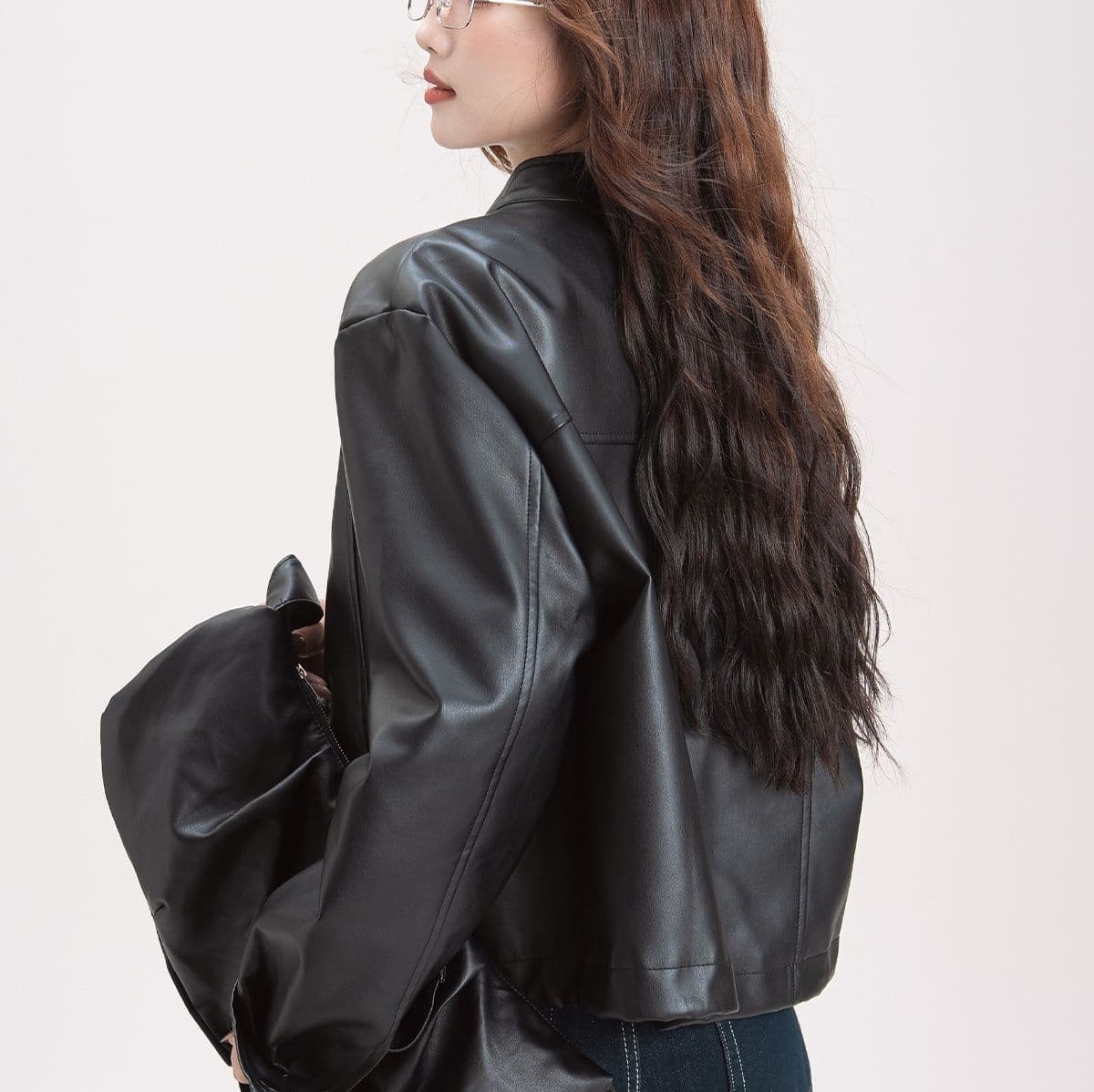 ギャルファッション 個性派ゆったり合成皮革ライダースジャケット