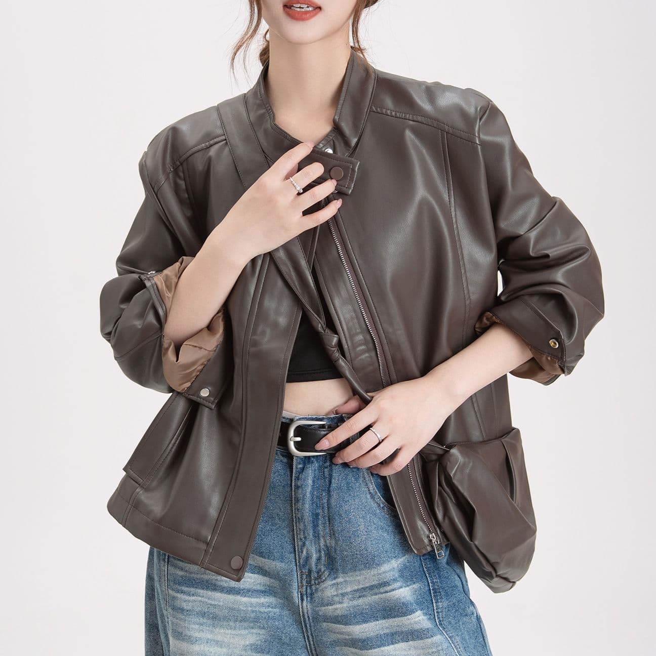 ギャルファッション 個性派ゆったり合成皮革ライダースジャケット