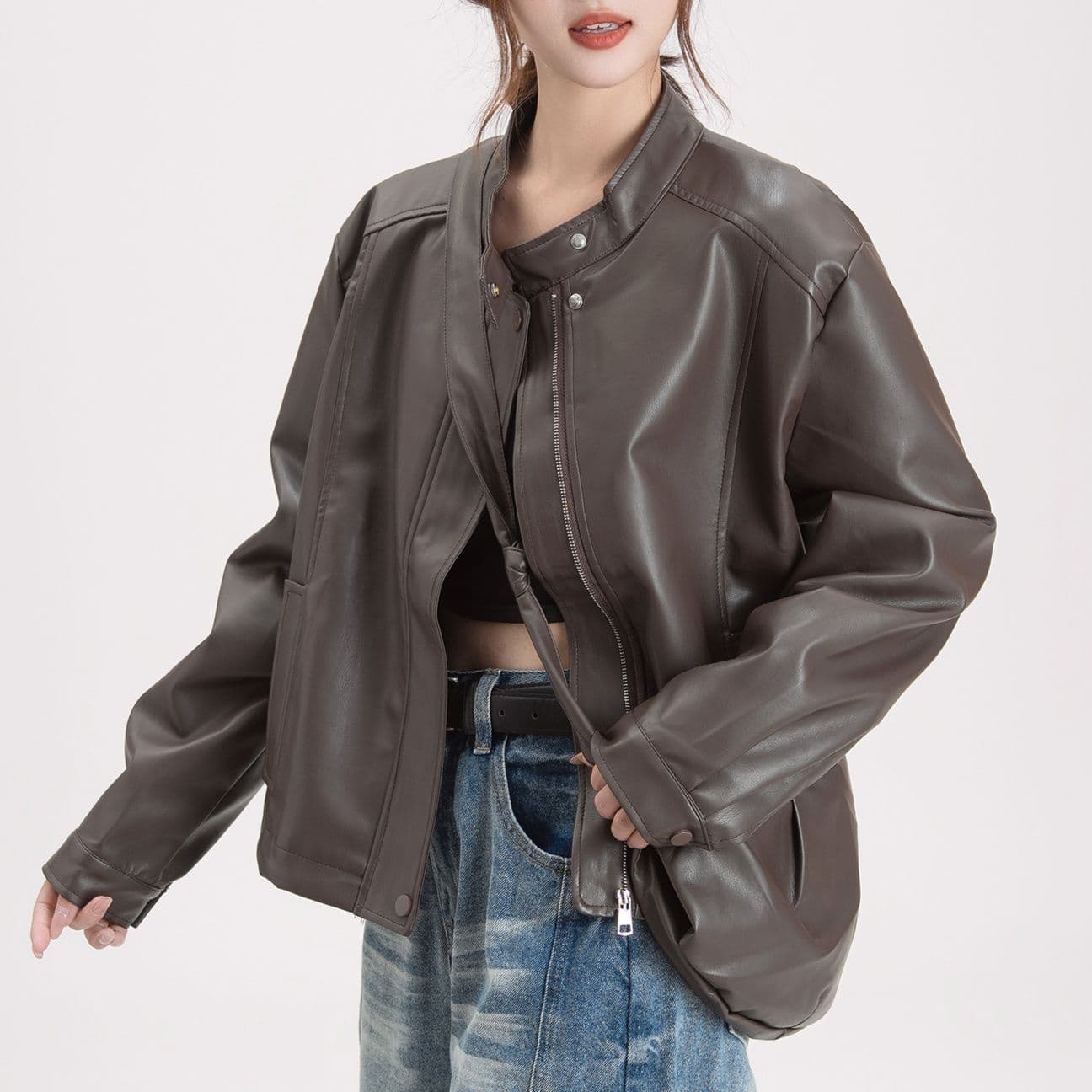 ギャルファッション 個性派ゆったり合成皮革ライダースジャケット