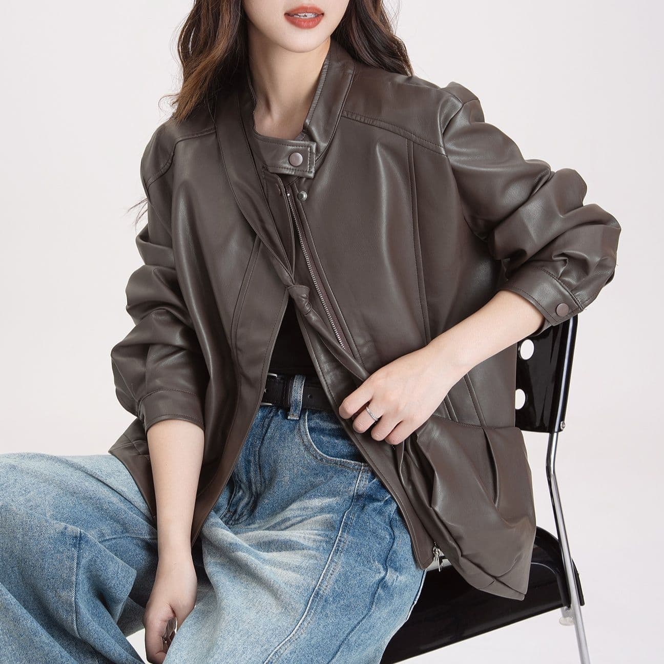 ギャルファッション 個性派ゆったり合成皮革ライダースジャケット