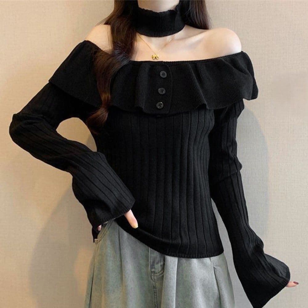 ギャルファッション 取り外しチョーカー付きオフショルニット