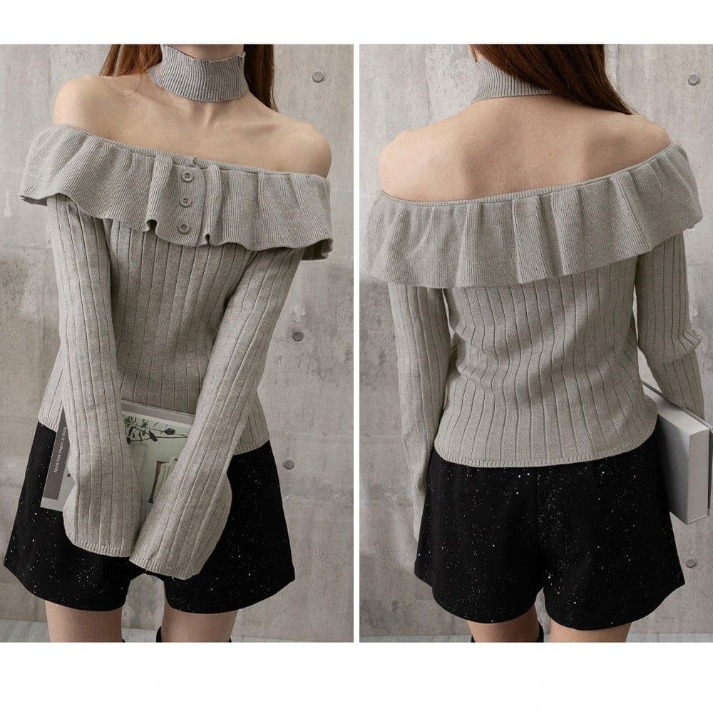 ギャルファッション 取り外しチョーカー付きオフショルニット