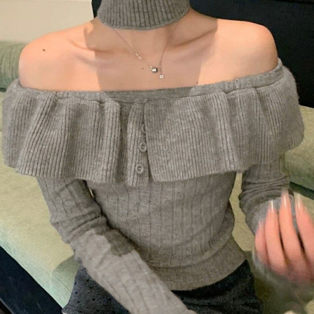 ギャルファッション 取り外しチョーカー付きオフショルニット