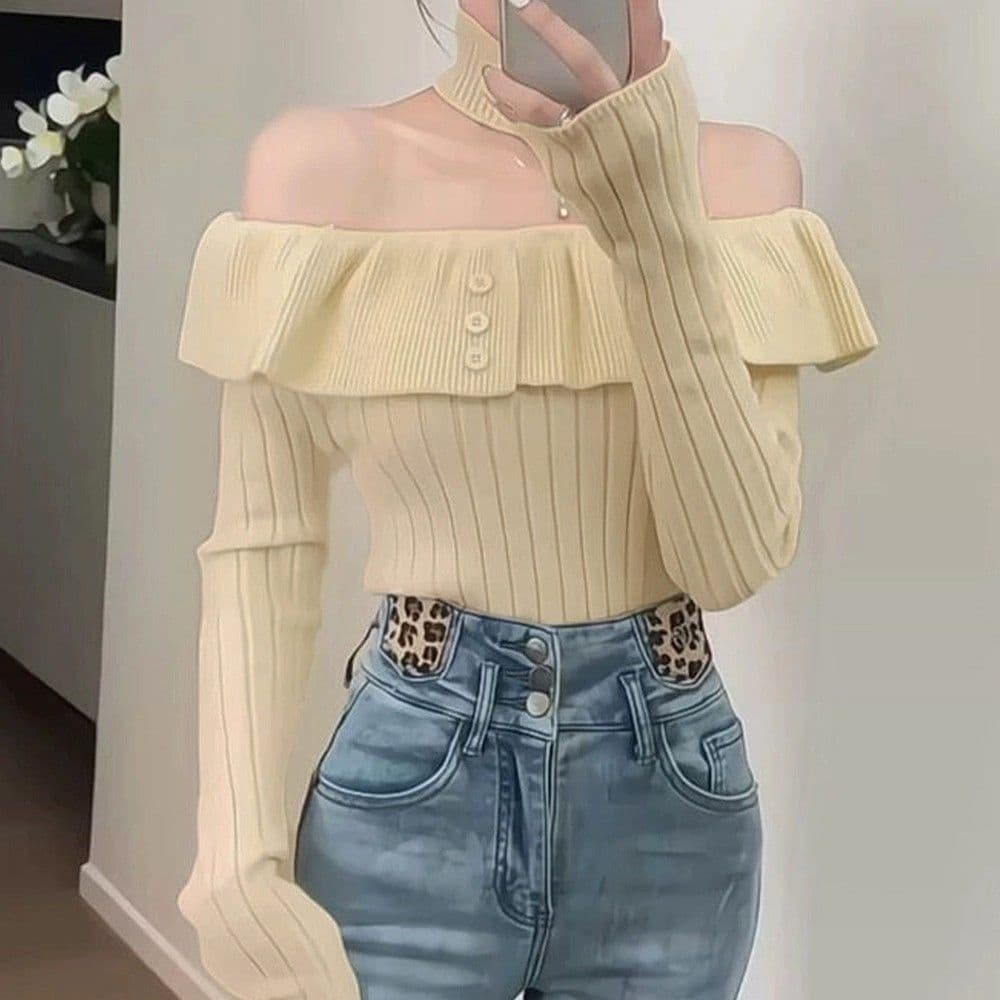 ギャルファッション 取り外しチョーカー付きオフショルニット