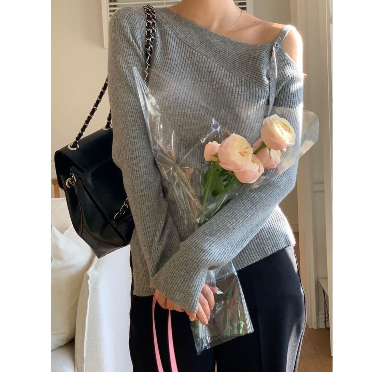 ギャルファッション 不規則デザイン ニットオフショルダーセーター