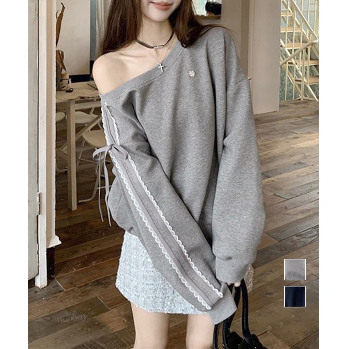 ギャルファッション オフショルダー長袖レーストップス