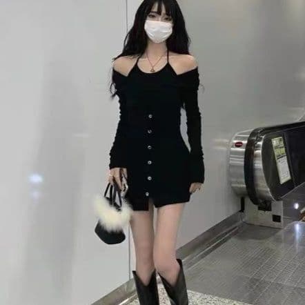 ギャルファッション 肩開きオフショルダー長袖ミニ丈ワンピース
