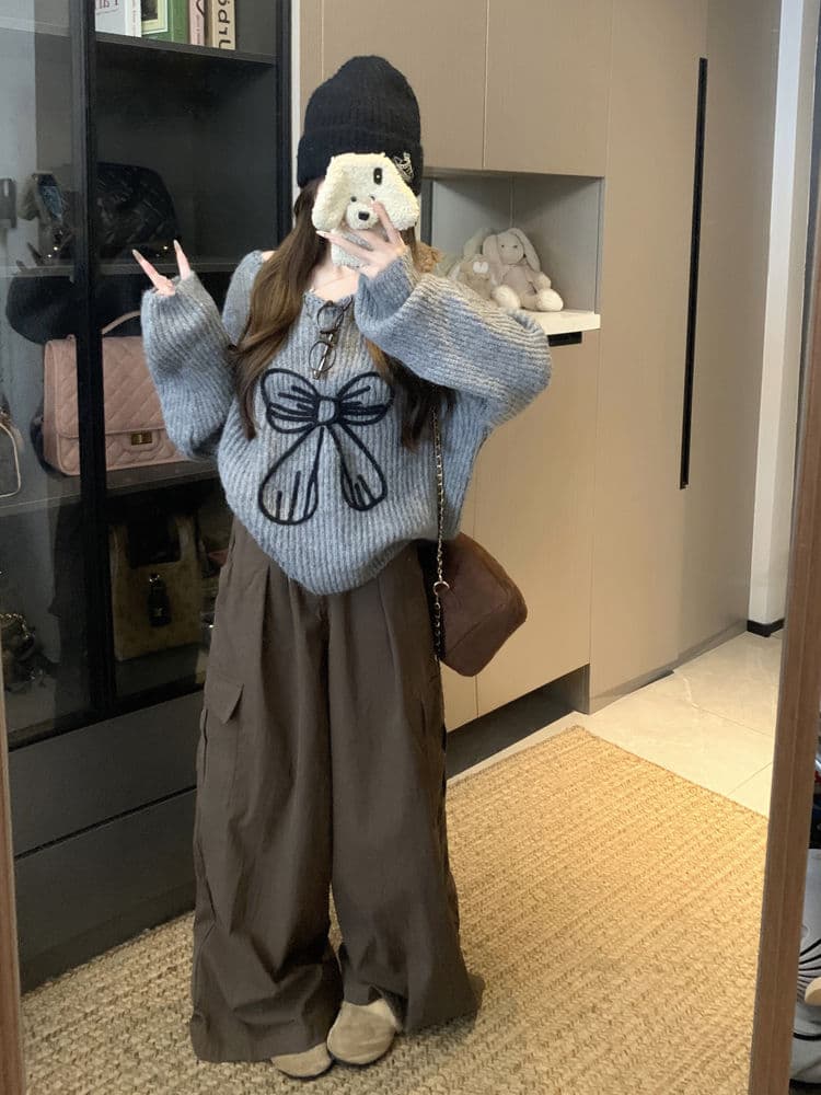 ギャルファッション 秋冬新作リボン刺繍ニットセーター可愛い スウェット