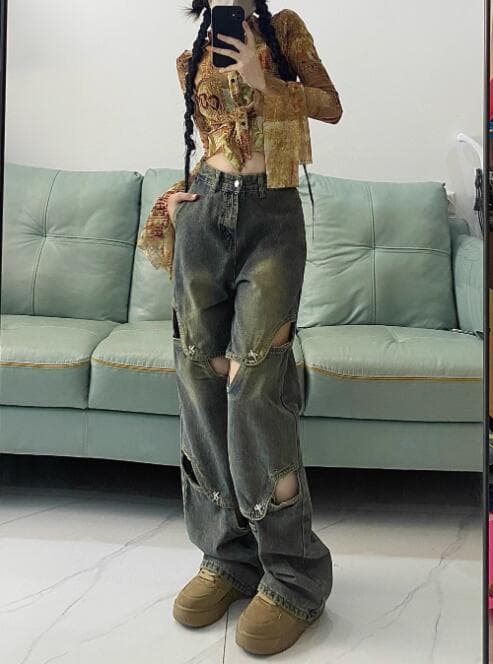 ギャルファッション ジーンズ ギャル系ダメージ加工ワイドデニムパンツ