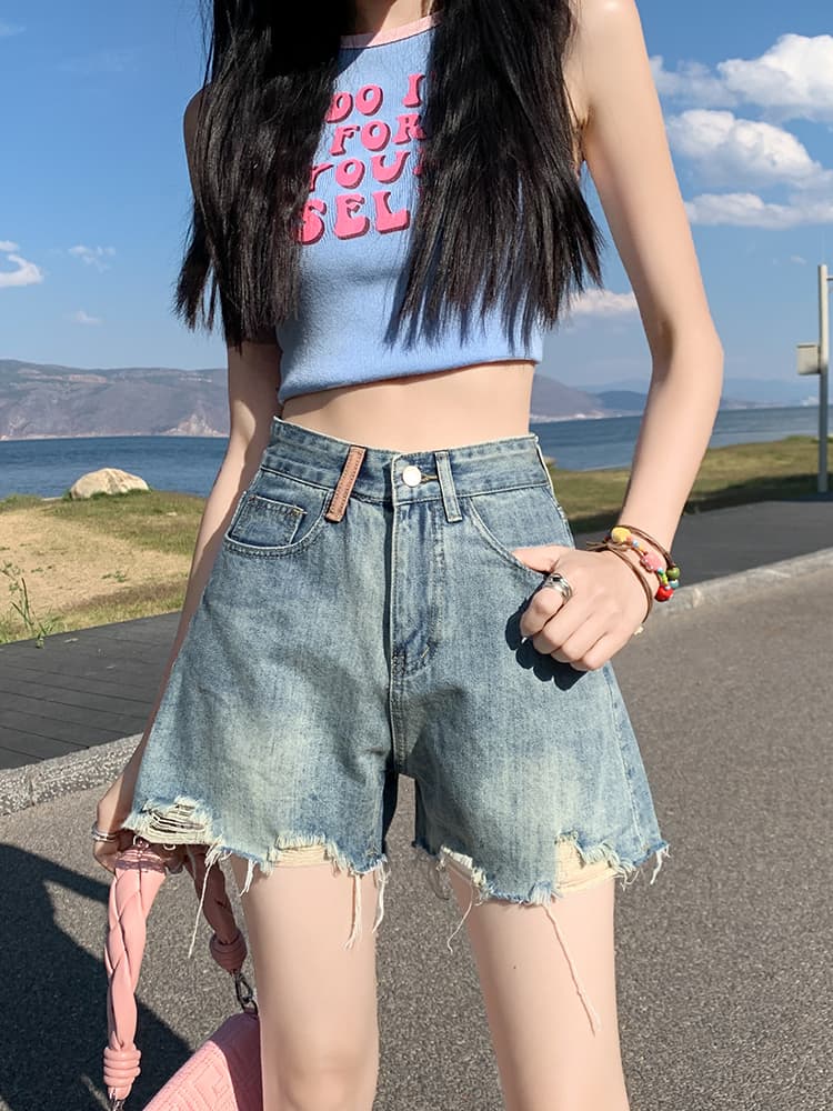 ギャルファッション ジーンズ 夏色リラックスフリンジショートパンツ