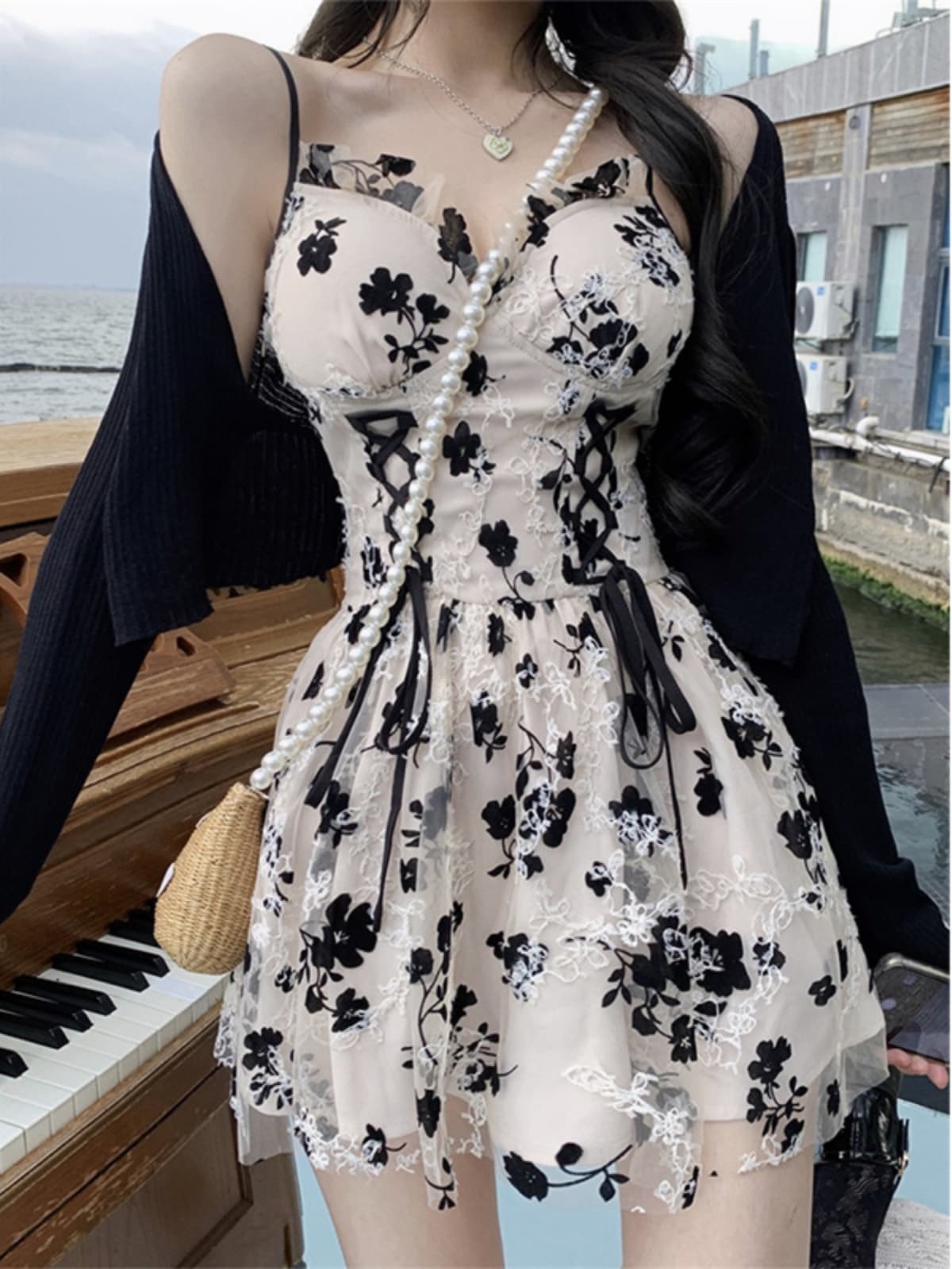 ギャルファッション 花柄レースキャミワンピ＆ボレロセット