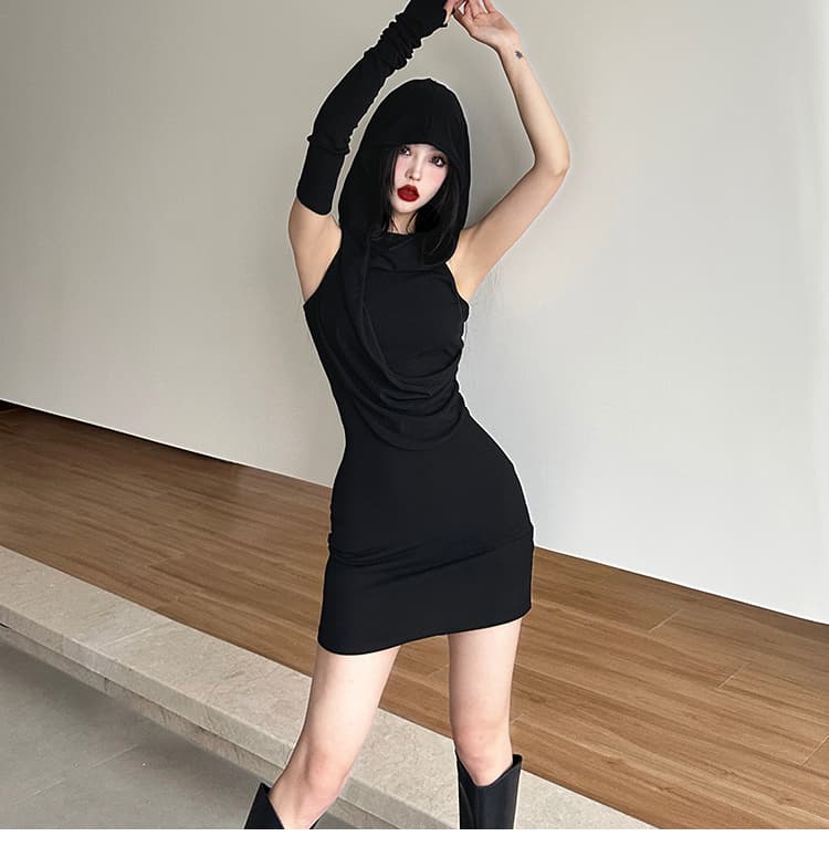 ギャルファッション フード付きタイト ワンピース 黒 セクシー ギャル系