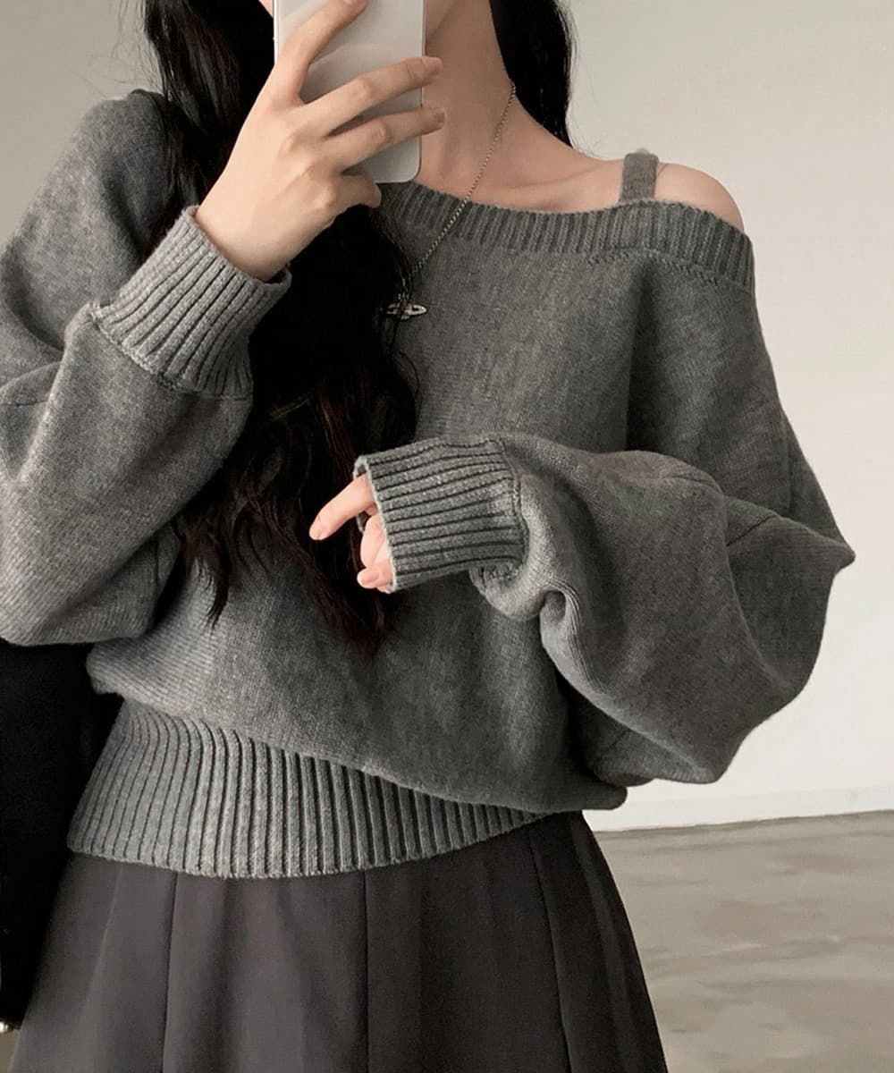 ギャルファッション 肩見せオフショルダーニットトップス