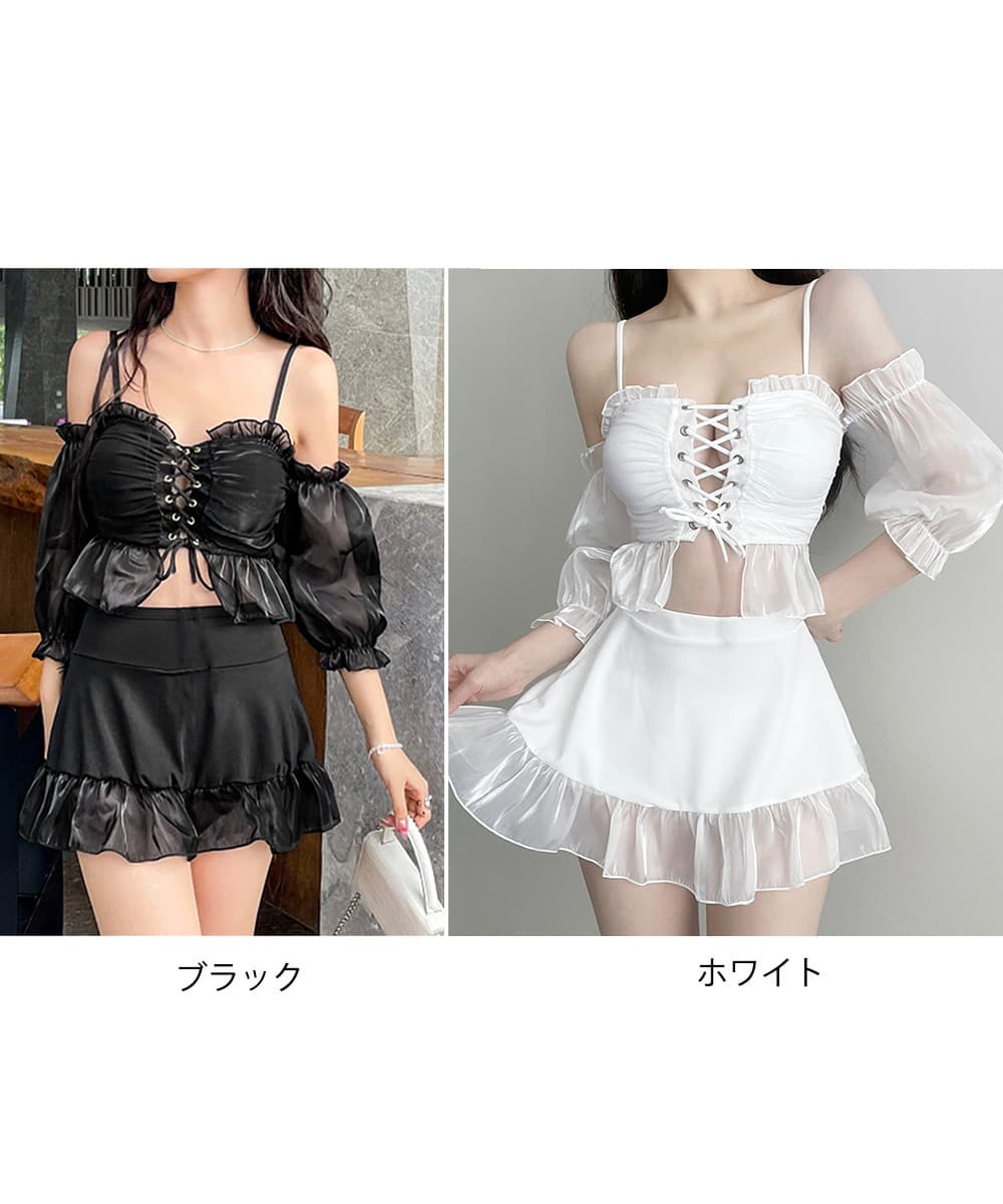 ギャルファッション レースアップオフショルダートップス＆フリルスカートセット