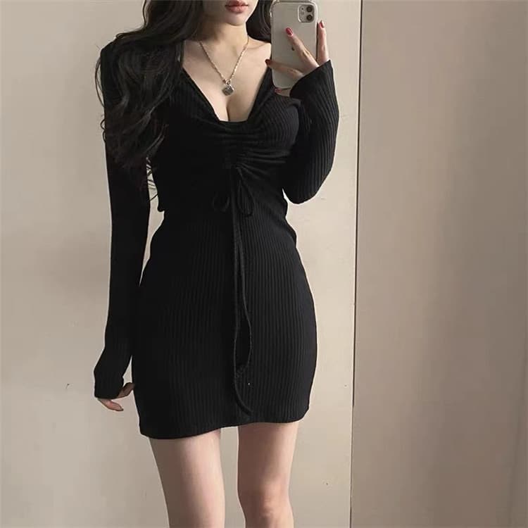 ギャルファッション セクシー深Vネックリブニットワンピース