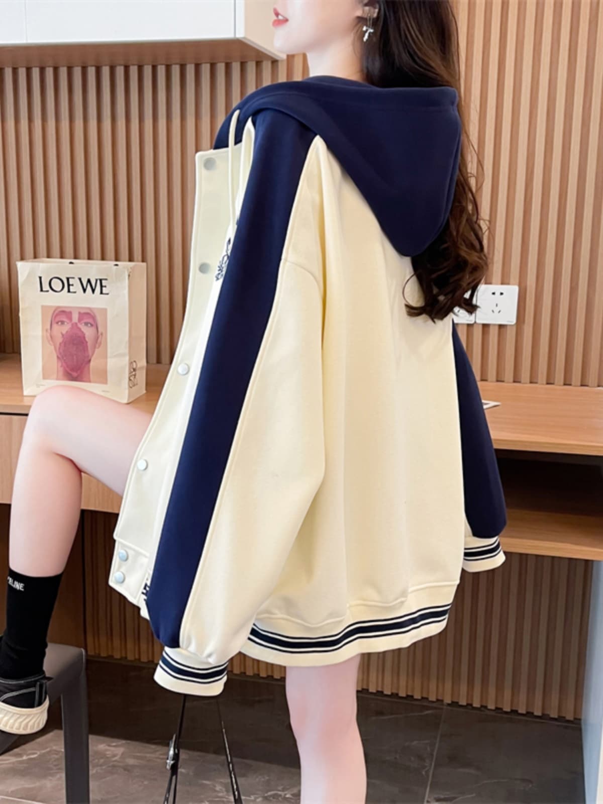 ギャルファッション アウター バイカラー切替フード付きスタジャン