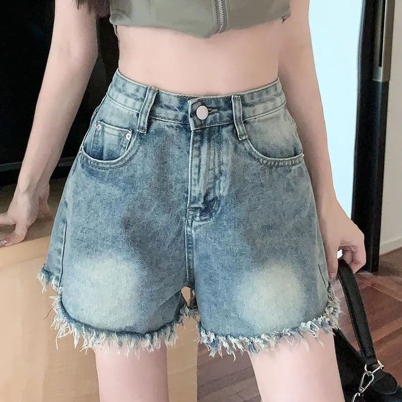 ギャルファッション ふんわりほつれデニムショートパンツ