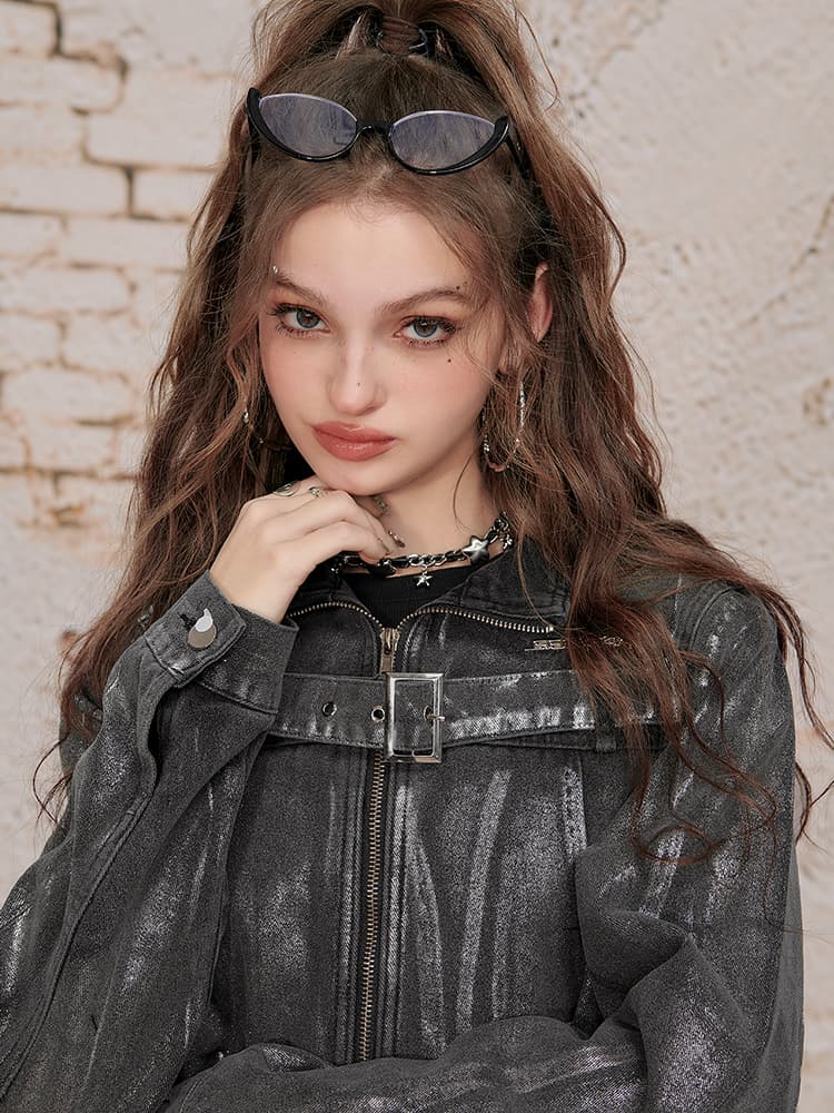 ギャルファッション アウター ギャルファッション クロップド光沢ライダースジャケット