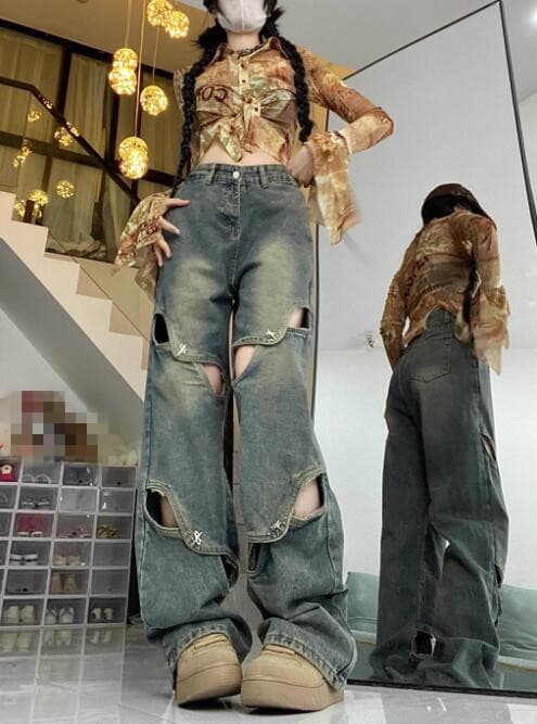 ギャルファッション ジーンズ ギャル系ダメージ加工ワイドデニムパンツ