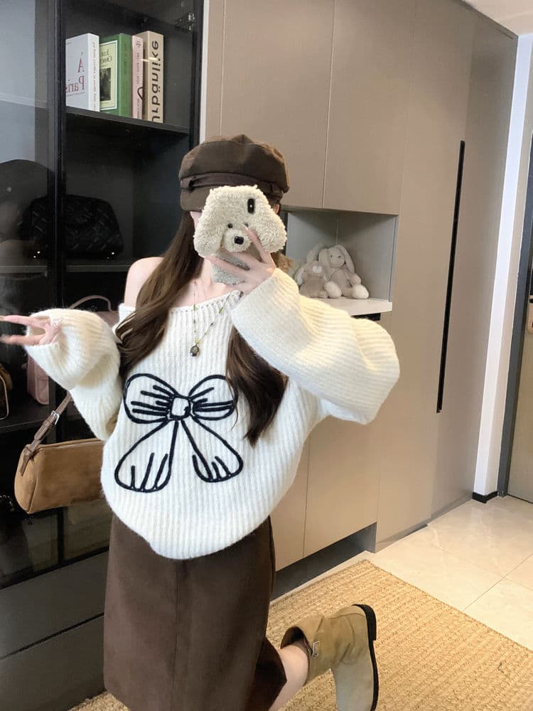 ギャルファッション 秋冬新作リボン刺繍ニットセーター可愛い スウェット