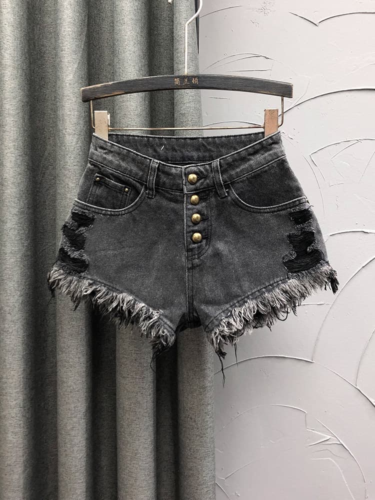 ギャルファッション 前開きダメージフリンジショートパンツ