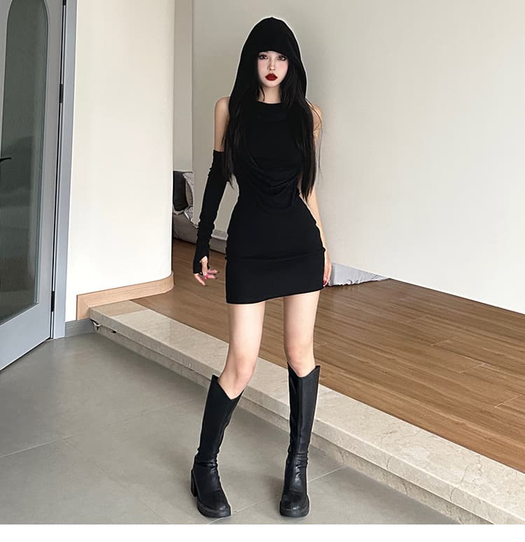 ギャルファッション フード付きタイト ワンピース 黒 セクシー ギャル系