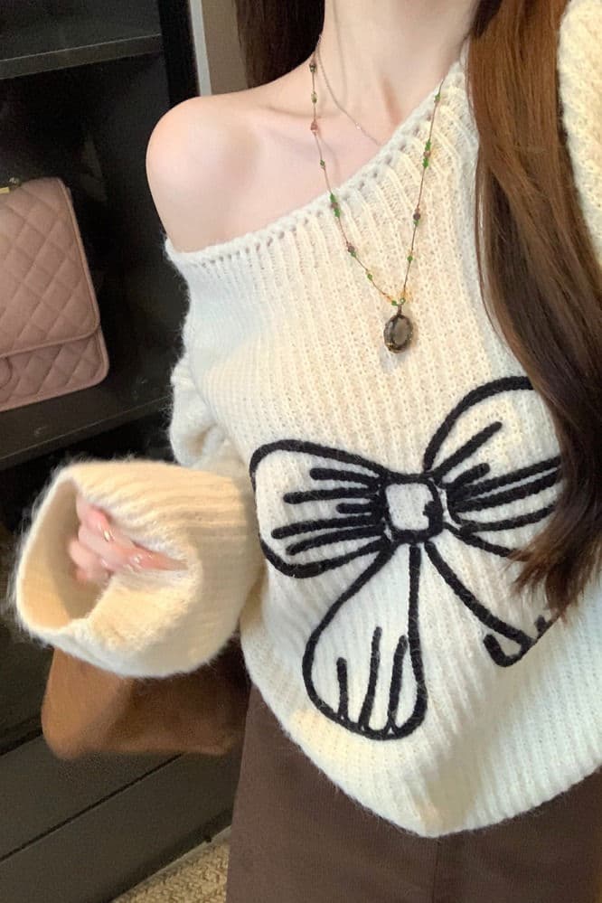 ギャルファッション 秋冬新作リボン刺繍ニットセーター可愛い スウェット