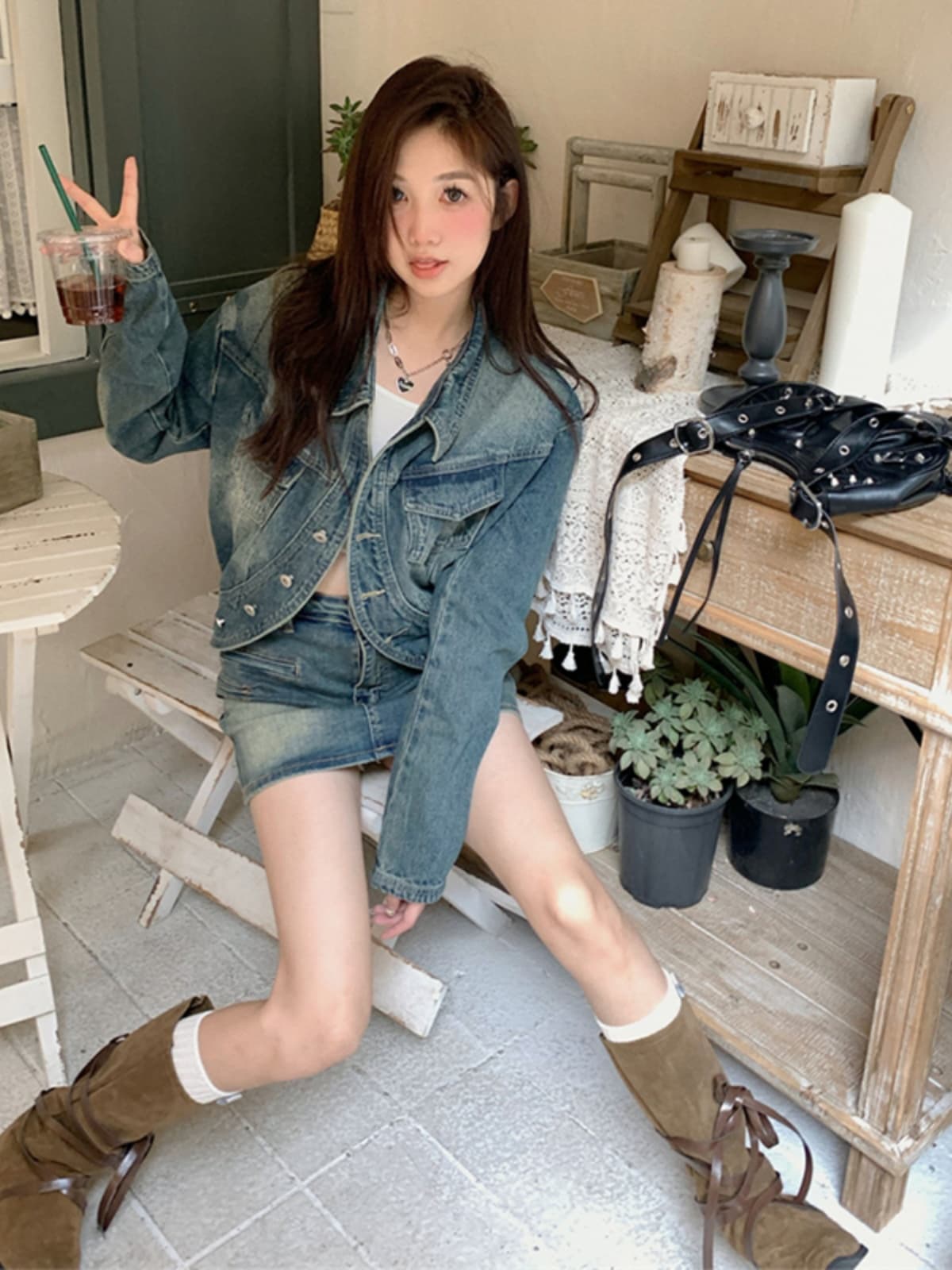 ギャルファッション セットアップ ヴィンテージデニムショートセット