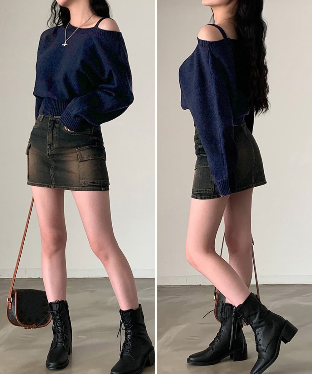 ギャルファッション 肩見せオフショルダーニットトップス