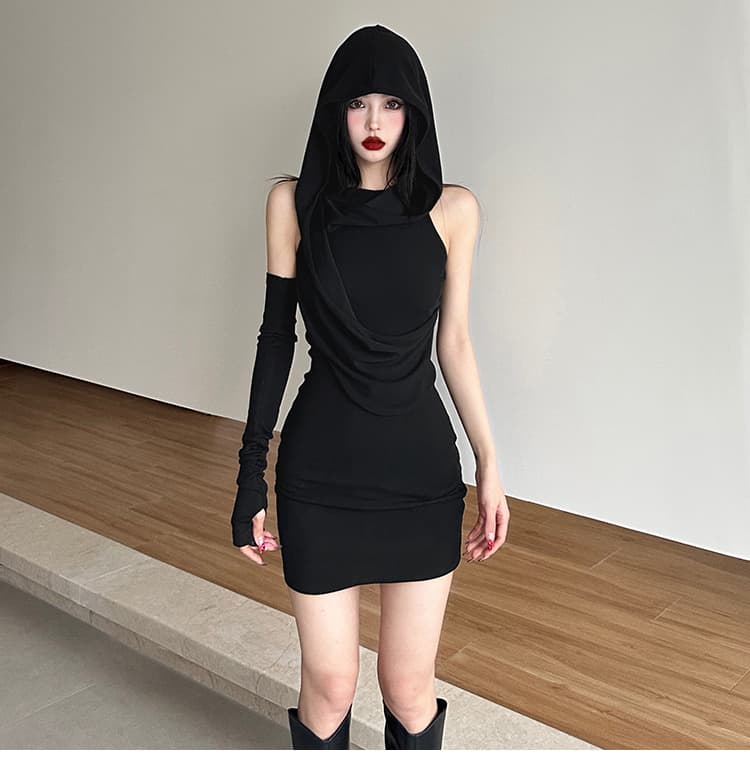 ギャルファッション フード付きタイト ワンピース 黒 セクシー ギャル系