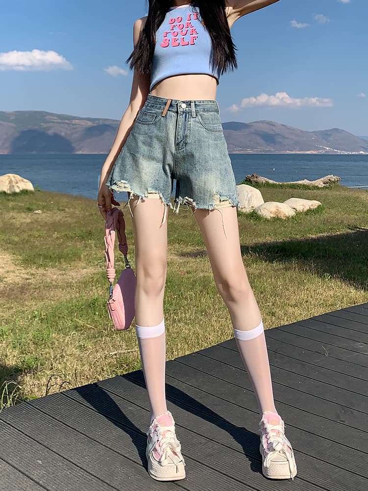ギャルファッション ジーンズ 夏色リラックスフリンジショートパンツ