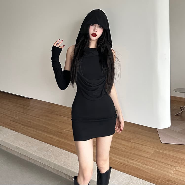 ギャルファッション フード付きタイト ワンピース 黒 セクシー ギャル系