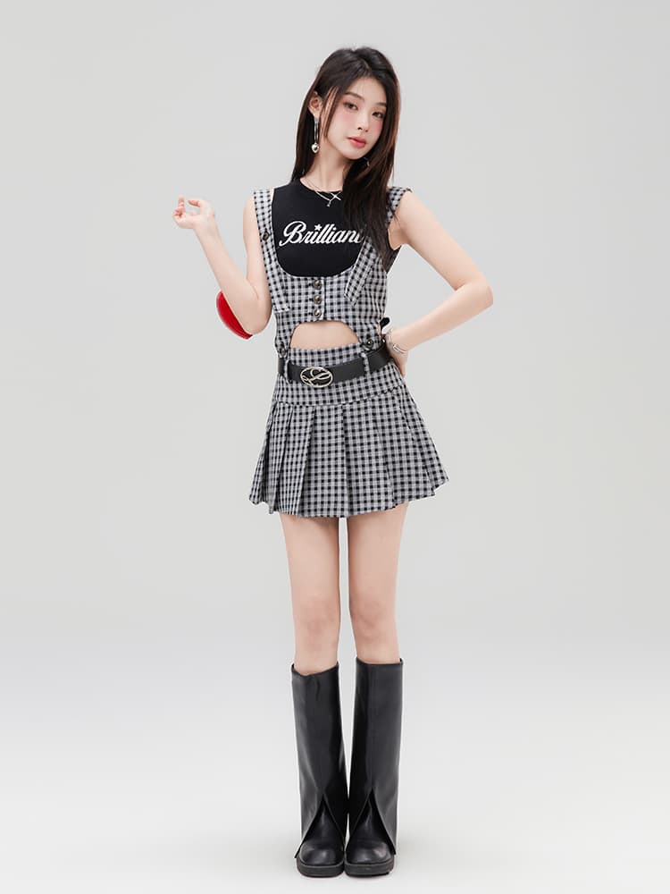 ギャルファッション ワンピース 格子柄ウエストカットジャンパースカート