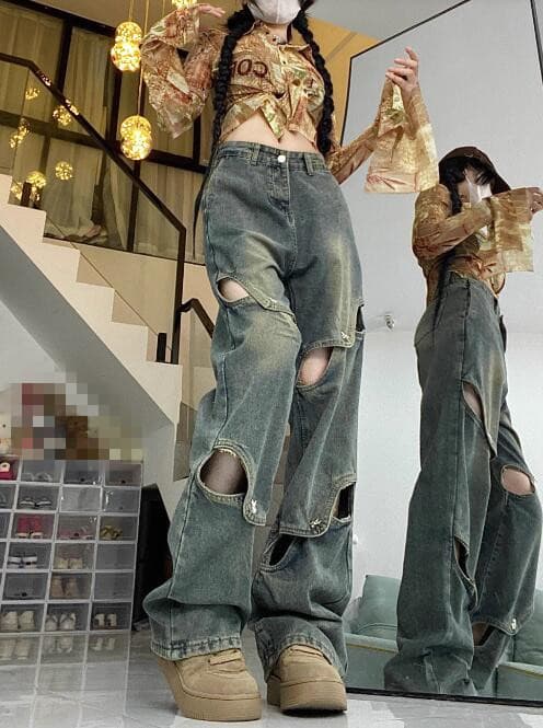 ギャルファッション ジーンズ ギャル系ダメージ加工ワイドデニムパンツ