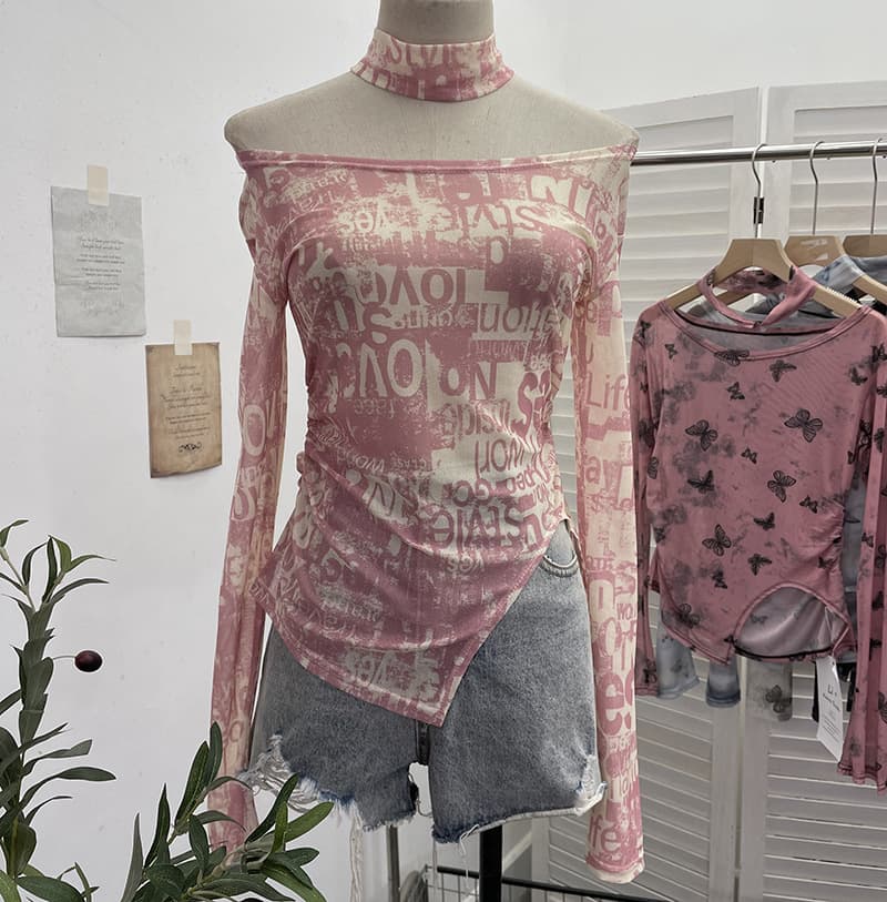 ギャルファッション 蝶々柄メッシュ長袖トップス8色展開